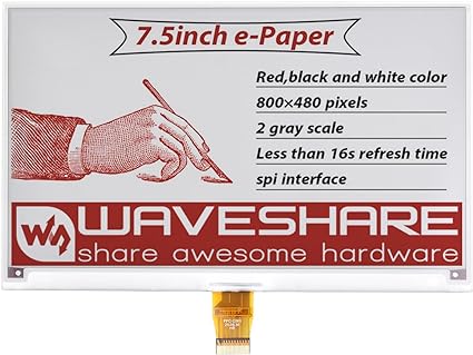 Waveshare 7.5inch E-Paper E-Ink Raw Display Compatible with Raspberry Pi 4B/3B /3B/2B/B /A /Zero/Zero W/WH/Zero 2W Series Boards 800×480 Pixels Three-Color with SPI Interface Without PCB