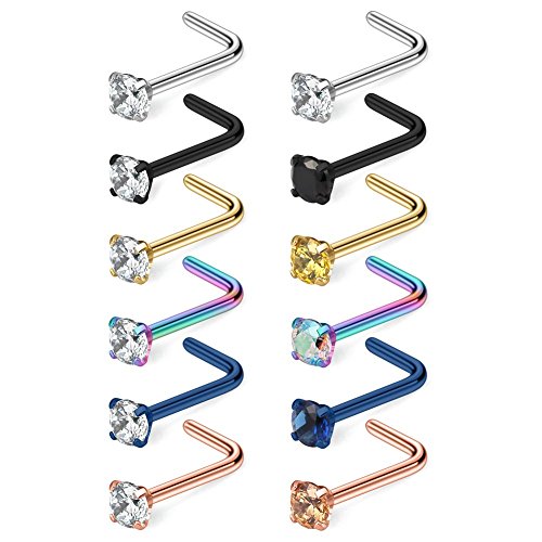 Ruifan 12PCS 20G Mix Color Stainless Steel Diamond CZ Nose Studs Rings L Shaped Piercing Jewelry 1.5mm 2mm 2.5mm 3mm