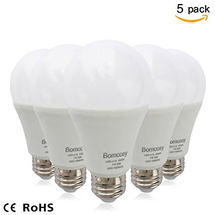 Bomcosy 7W A19 E26 LED Bulbs,40-60 Watt Incandescent Bulbs Equivalent,650 Luminous,220 Degree Wide Beam Angle,E26 Base,Not Dimmable,6000K Daylight White,Pack of 5 Units