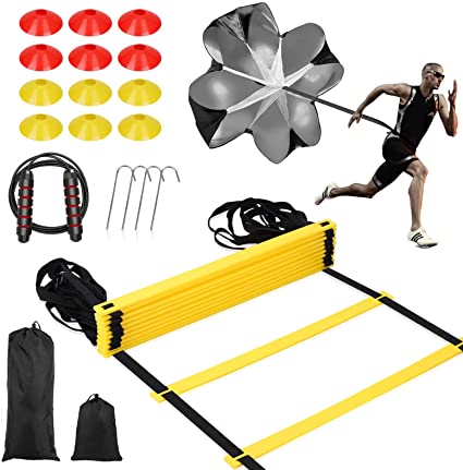 SKL Speed Agility Training Set, Includes Speed Running Parachute, Adjustable Rungs Agility Ladder, 12 Disc Cones, Jump Rope with Carrying Bag for Football Soccer Lacrosse Hockey Basketball Drill
