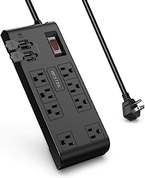 12Ft Extension Cord Power Bar- BESTEK Surge Protector with 8 AC Outlets and 4 USB Ports,12 Feet Power Strip(1875W) for Home, Office,ETL Listed, Grey