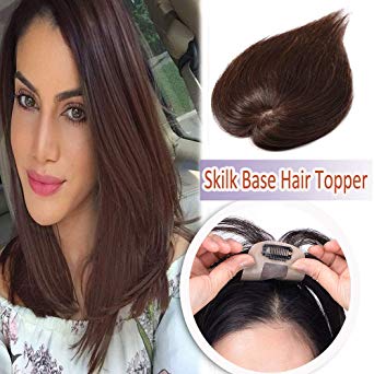 Silk Base Human Hair Toppers for Women Clip in Top Hairpiece Toupee for Thinning Hair Black Brown