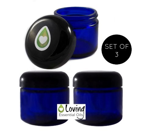Blue Jars: 2 Oz Glass Jars with Lids - Best Small Containers for Salve, Cream, Diy Beauty, Essential Oils, Lotion, Apothecary, Body Butter & Sugar Scrub. Cobalt Blue Jar with Screw on Lid (3 jars)