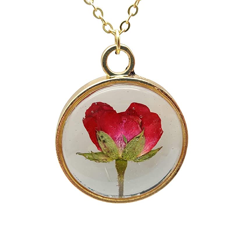 Red Rose Real Flowers Floating Locket 18k Gold Plated Chain Long Necklace