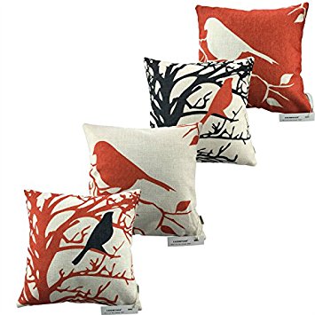 LAZAMYASA Square Cartoon Bird Printed Cushion Cover Cotton Throw Pillow Case Sham Slipover Pillowslip Pillowcase For Home Sofa Couch Chair Back Seat,4PCS,Red,18x18in