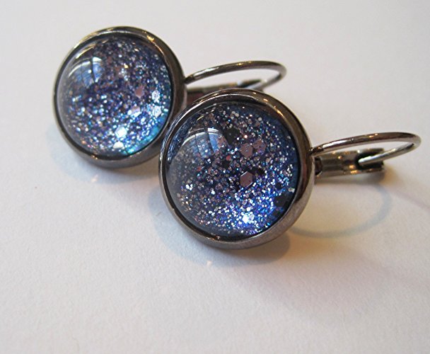 Glitter Glass Hematite-Tone Leverback Drop Earrings Blue Silver Black Galaxy