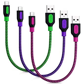 USB Type C Cable, 3Pack 1ft Canjoy Short USB C Cable Braided USB C Charger Cord Compatible Samsung Galaxy S10e S10 S9 S8 Plus, Note 9 8, Moto X4 G6 Z3, Google Pixel XL 2XL 3XL C, LG G7 ThinQ G6 G5 V30 (Green Purple Rose)
