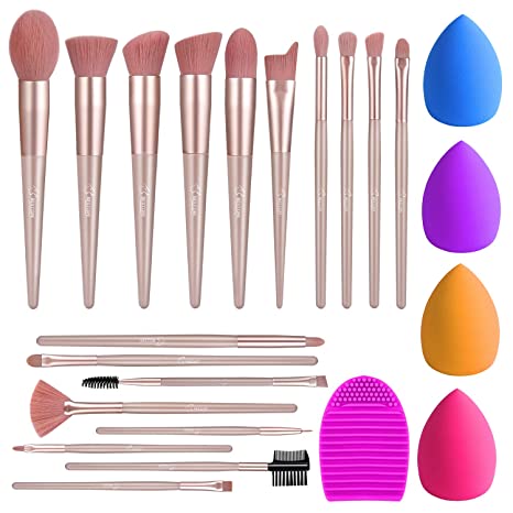 BESTOPE 18Pcs Makeup Brushes Set, 4Pcs makeup Sponge Set and 1 Brush Cleaner, Premium Synthetic Foundation Make Up Brushes Kit Pink Conical Handle