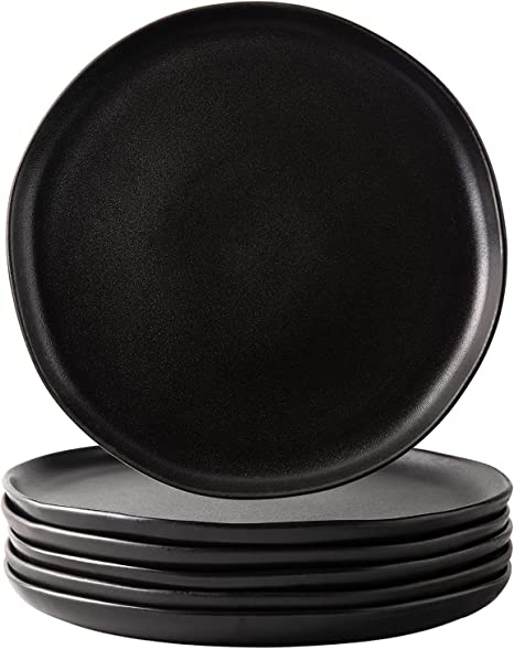 AmorArc Ceramic Dinner Plates Set of 6, Wavy Rim 10.5 Inch Stoneware Dish Set, Large Dinnerware Plates for Kitchen-Microwave&Dishwasher Safe, Scratch Resistant-Reactive Glaze Matte Black