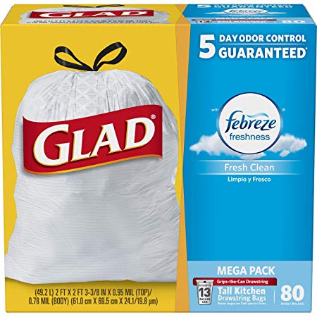 Glad Tall Kitchen Drawstring Trash Bags - OdorShield 13 Gallon Grey Trash Bag, Febreze Fresh Clean - 80 Count