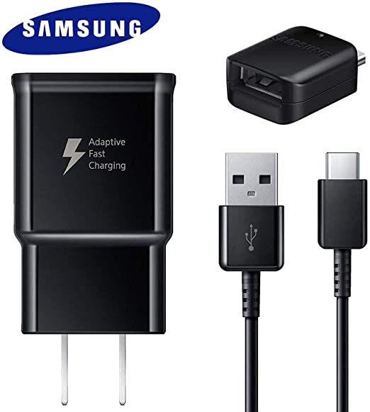 Fast Adaptive Wall Adapter Charger for Samsung Galaxy S10 S9 Plus Note 9 S8 Note 8   EP-TA20JBE - Type C/USB-C Cable 6ft (2m) and OTG Adapter - Rapid Charging - Black