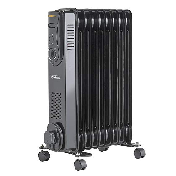 VonHaus Oil Filled Radiator 2KW 9 Fin – Portable Electric Heater – 3 Power Settings & Adjustable Temperature & Tip Over Safety Switch – Black 2000W