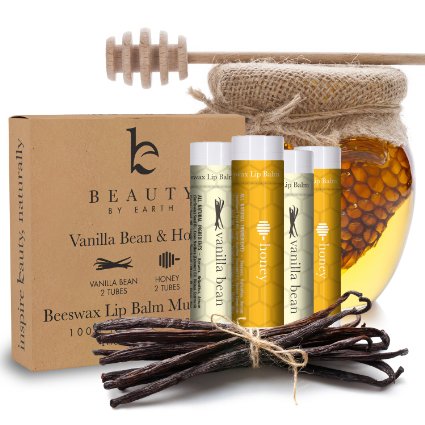 SALE - Lip Balm Vanilla Bean and Honey 4 pack - With Natural and Pure Beeswax Lip Butter with Aloe Vera and Vitamin E - Condition and Repair Dry Chapped Lips Made in the USA by Beauty by Earth