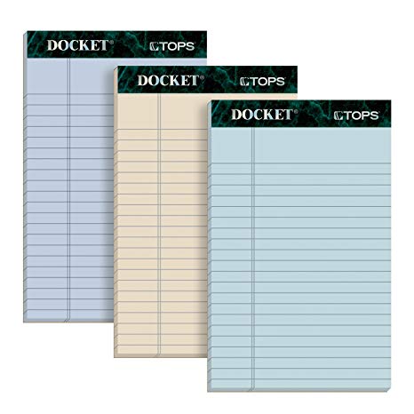 TOPS Docket 100% Recycled Writing Tablet, 5 x 8 Inches, Perforated, Assorted Colors: Orchid, Ivory, Blue, Narrow Rule, 50 Sheets per Pad, 6 Pads per Pack (99601)