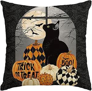 AVOIN colorlife Trick or Treat Halloween Pumpkin Cat Boo Throw Pillow Cover, 18 x 18 Inch Holiday Farmhouse Cushion Case Decoration for Sofa Couch