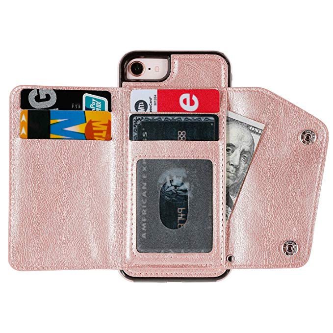 iPhone 7 iPhone 8 Wallet Case with Card Holder with Kickstand,OT ONETOP Premium PU Leather Kickstand Card Slots,Double Clasp and Durable Shockproof Cover 4.7 Inch - Rose Gold