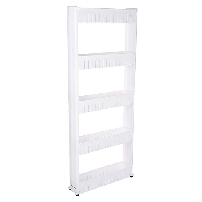windaze Mobile Shelving with 5 Large Storage Baskets, Slim Slide Out Pantry on Rollers for Narrow Space