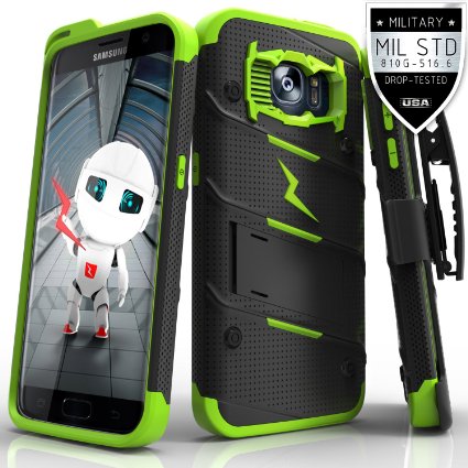 Zizo Bolt Cover For Galaxy S7 Edge 55 inch Dual-Layered Military Grade Certified Slim Armor Case Cover  Kickstand Holster Belt Clip  Lanyard BlackNeon Green