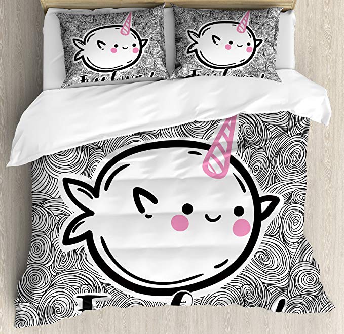 Ambesonne Narwhal Duvet Cover Set Queen Size, Abstract Spiral Doodle Background with Sketch Style Arctic Ocean Mammals, Decorative 3 Piece Bedding Set with 2 Pillow Shams, Pink Black White