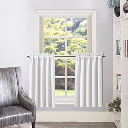 Aquazolax Greyish White Curtain Tier/Valance Rod Pocket Room Darkening Valance/Cafe Curtains, 2 Panels, 28 by 36 Inches, Greyish White