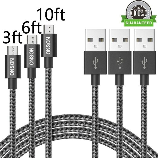 ONSON 3Pack 3FT 6FT 10FT Micro USB Cable Premium Micro USB Cable High Speed USB 2.0 A Male to Micro USB Sync and Charging Cables for Samsung, HTC, Motorola, Nokia, Android, and More (Space Grey)