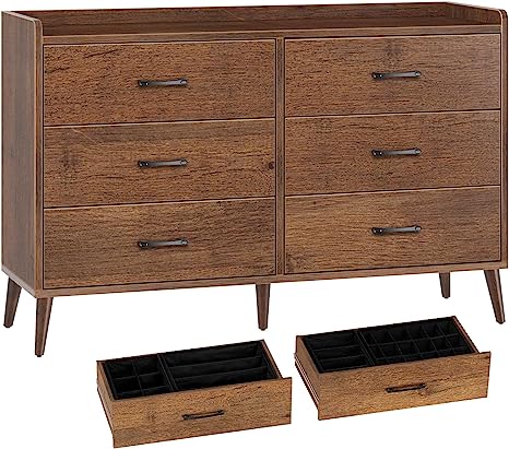 Rolanstar Drawer Dresser Quick Install, 6 Wooden Drawers Storage Dresser with Set of 4 Foldable Drawer Dividers, Mid Century Rustic Chest of Drawer with Anti-Tipping Device, Bedroom, Brown