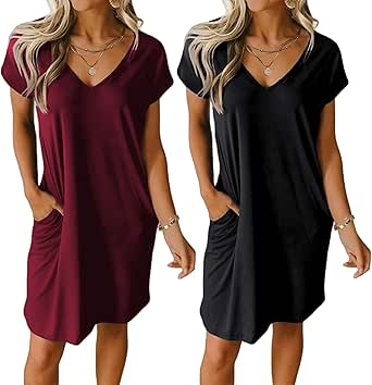 Ekouaer Womens 2 Pack Nightgown V Neck Sleepshirt Short Sleeve Nightshirt Plain/Floral Pajama Dress with Pockets