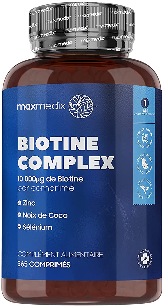 Biotine 10000 mcg   Zinc   Sélénium - 365 Comprimés Vegan (1 An) – Biotine Cheveux Pousse, Ongles, Peau - Complexe de Vitamine B8,Noix de Coco MCT - Complément Alimentaire 4en1 Femme Homme