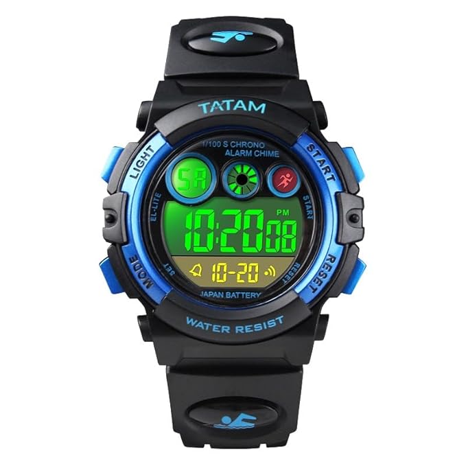 TATAM Kids Sports Digital Watch, Multi Function Digital Kids Watches Waterproof LED Light Wristwatches for Boys 2001 Blue (Black)
