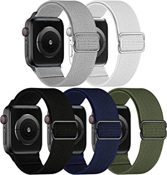 GBPOOT 5 Packs Nylon Stretch Band Compatible with Apple Watch,Adjustable Soft Sport Breathable Loop for Iwatch Series 7/6/5/4/3/2/1/SE,Balck/Army Green/Midnight Blue/Light Gray/White,42/44/45mm