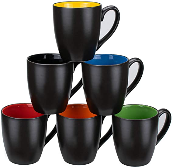 Foraineam Set of 6 Coffee Mugs 16 Ounces Matte Black Porcelain Mug Set Large-Sized Ceramic Restaurant Drinking Cups for Coffee, Tea, Juice, Cocoa