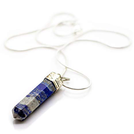 Raw Lapis Lazuli Crystal Pendant Necklace –Success Intuition Self Expression Natural Stress Aid Soothe Mind Emotions - Authentic Stone on Silver Plated 18" Chain Real Gemstone Chakra Healing Charm