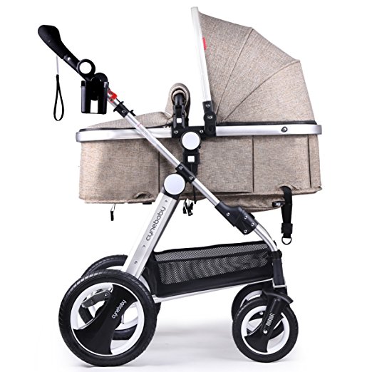 Cynebaby Newborn Baby Stroller for Infant and Toddler City Select Folding Convertible Baby Carriage Luxury High View Anti-shock Infant Pram Stroller with Cup Holder and Rubber Wheels (Linen Khaki)
