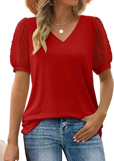 Aokosor Womens Summer Tops V Neck T Shirts Swiss Dot Puff Sleeve Tops Loose Casual Tshirts