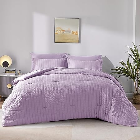 CozyLux Full Seersucker Comforter Set with Sheets Light Purple Bed in a Bag 7-Pieces All Season Lavender Bedding Sets with Comforter, Pillow Sham, Flat Sheet, Fitted Sheet, Pillowcase