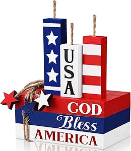 6 Pcs 4th of July Tiered Tray Decor Patriotic Wooden Firework Sign Faux Book Stack Sign Rustic Fireworks Centerpiece Red White and Blue Table Decor for Independence Day Home Decor