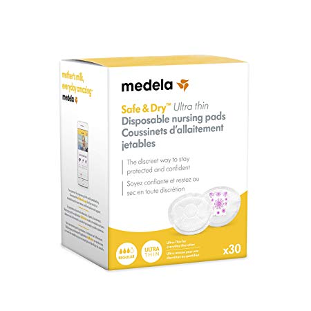 Medela Safe & Dry Ultra Thin Disposable Nursing Pads, 30 Count Breast Pads for Breastfeeding, Leakproof Design, Slender and Contoured for Optimal Fit and Discretion