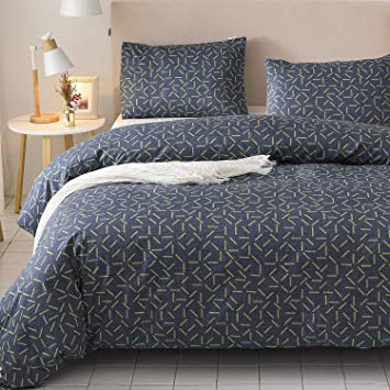 Colourful Snail 100-Percent Natural Washed Cotton Printed Pattern Duvet Cover Set, Navy, Green Blocks, Contemporary Style, Ultra Soft and Easy Care, Fade Resistant, Queen/Full