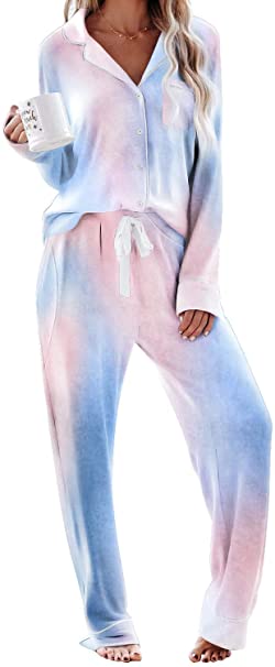 Sidefeel Women Long Sleeve Button Down Shirt with Pants Casual Pajama Sets
