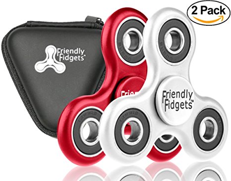 X2 Friendly Fidgets Fidget Spinner Prime Two Pack Wth Carrying Case EDC Tri Spinners Hand Fidget Toys for Kids and Adults with Anxiety 3 - 5 Minute Spin Times (Fidget Spinner 2 pack, White / Red)