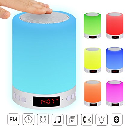 ACTOPP LED Bluetooth Speaker,Touch Sensor Bedside Lamp Dimmable Warm White Light&Color Changing Night Light,7 Colors Changing, Smart Touch, DIY Alarm Clock, FM, Hands-free, Timing Function
