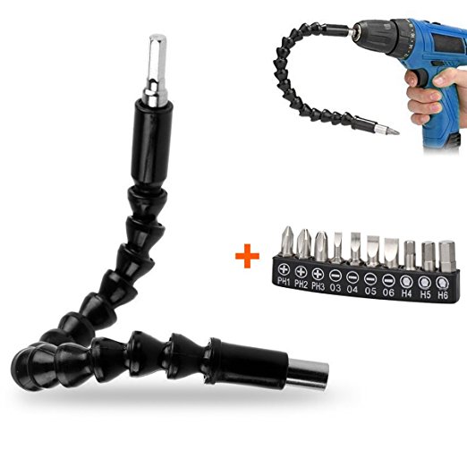 BonyTek Hardware Tools Flexible Extention Screwdriver Shaft with Screw Drill Bit Holder Hexagon Drill Magnetic Connection Size of 1/4 Inch   10-in-1 Screwdriver Bit Set - Black