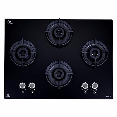 Elica Hob 4 Italian Burner Auto Ignition Glass Top with Brass Direct Multi-Flame Burner Gas Stove (FLEXI 470 LOTUS IND HD BRASS)