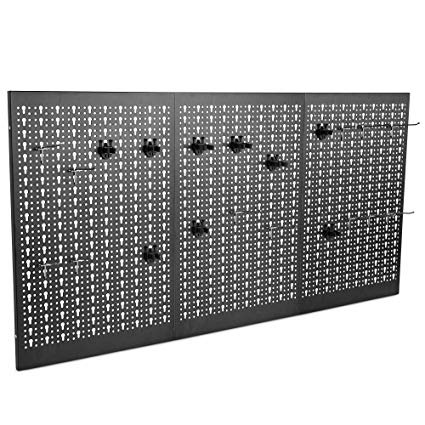 VonHaus 24 Piece Wall Mounted Metal Pegboard Panel, Hook Set - Tool Organizer Garage Storage System with 3X Black Steel Panels and 21 Hook Accessories (Mounting Hardware is Not Included)