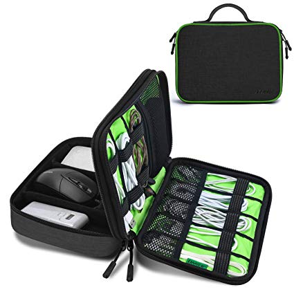 JESWO Electronic Organizer, Travel Cord Organizer, Electronic Accessories Double Layer Travel Organizer Bag for Cables, SD Cards, Hard Drive, Power Bank, iPad Mini (Up to 7.9'') and More - Black