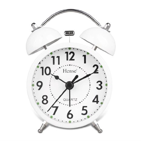 HENSE Classical Retro Twin Bell Mute Silent Quartz Movement Non Ticking Sweep Second Hand Bedside Desk Analog Alarm Clock with Nightlight and Loud Alarm HA01 (White)
