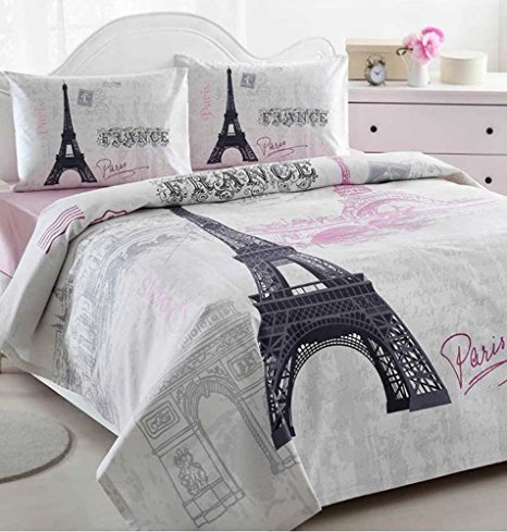 Istanbul Home Collection Paris Eiffel Tower Themed Ranforce 100% Turkish Cotton Full Queen Size Quilt Duvet Cover Set Bedding Linens, 4 Pcs