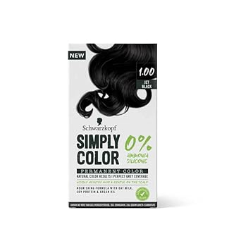 Schwarzkopf Simply Color Permanent Hair Colour, 0% Ammonia & Silicone for Natural Color Results, Dermatologist Tested hair colour with PPD & PTD Free formulation, 1.00 Jet Black, 142.5ml