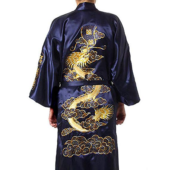 Chinese Men's Silk Satin Embroider Kimono Robe Gown Dragon (Navy Blue, XXXL)
