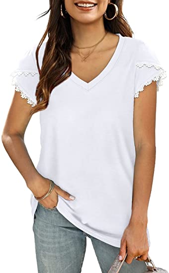 Sieanear Womens Summer Tops V Neck Petal Sleeve Tshirts with Lace Casual